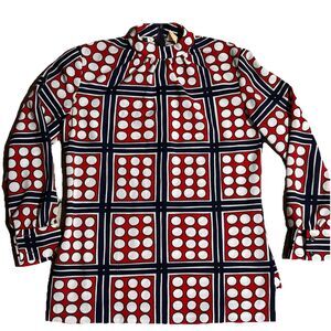 Vintage 70s Ralph Originals Dot Grid Print Mock Neck Blouse 8‎ USA Retro